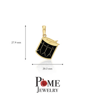 Black Drum Pendant Necklace in Solid Gold for Drummer, Black Enamel