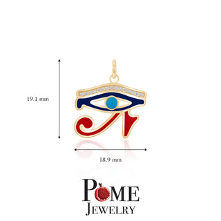 Eye of Horus Diamond Pendant Necklace in Solid 14k Gold with Turquoise Stone, Blue and Red Enamel